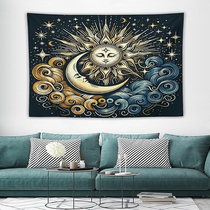 HZOHNAGO Sun Moon Tapestry Boho Golden Stars Pattern Printed Wall Tapestry Wall Hanging for Bedroom Living Room Dorm 60" W x 40" H