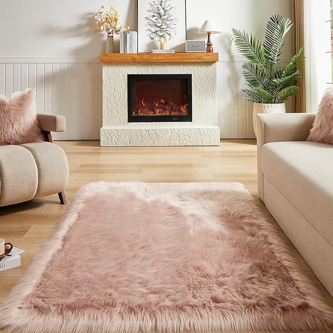 AMTOVO Faux Fur Sheepskin Rug for Living Room, 4 x 6 ft Pink Fluffy Area Rug for Bedroom, Playroom, Luxury Room Decor, Rectangle