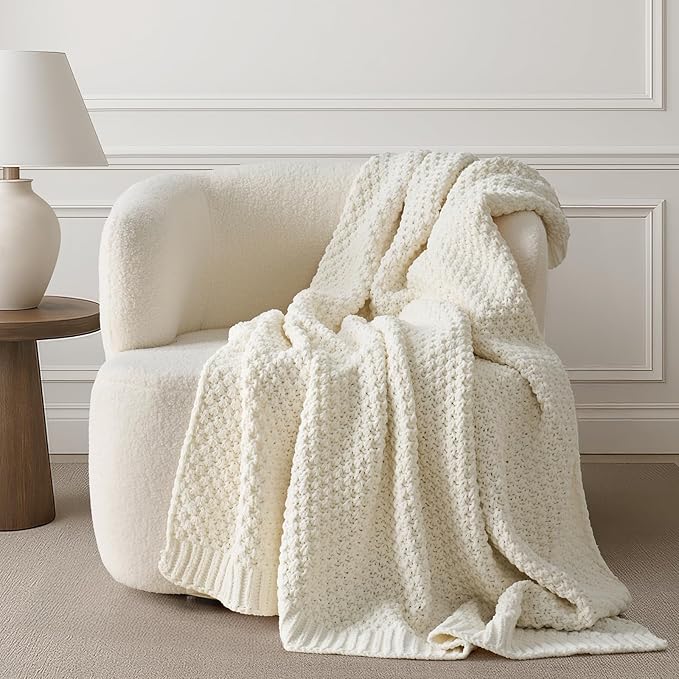 Chunky Chenille Knit Throw Blanket for Couch, Soft Luxurious Moss Stitch Blankets for Bed, Cozy Decorative Farmhouse Knitted Throws for Sofa, Ivory White, 60" x 80"