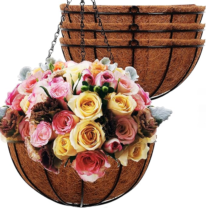 Hanging Planters Basket Outdoor Indoor(14 inch 4 Pack)-Coconut Coir Hanging Baskets for Plants Outdoor,Metal Wire Baskets with Coco Liner Window Box Planters, hanging Flower Pots For Railings…
