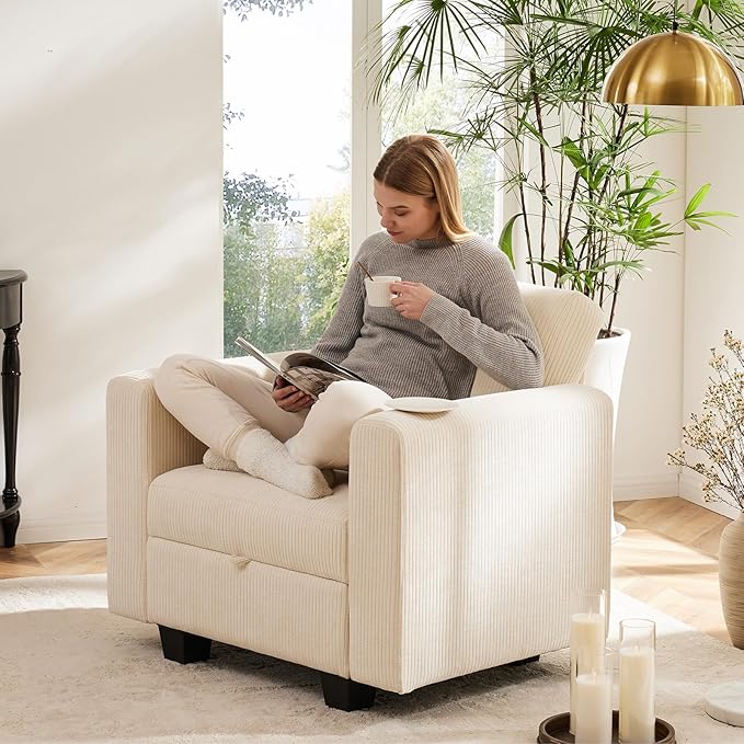 38.5 Oversized Accent Chair with Storage Ivory Corduroy Set of 2, Single Modern Accent Sofa with Arms Chair for Apartment Living Room (21" Deep Seat)