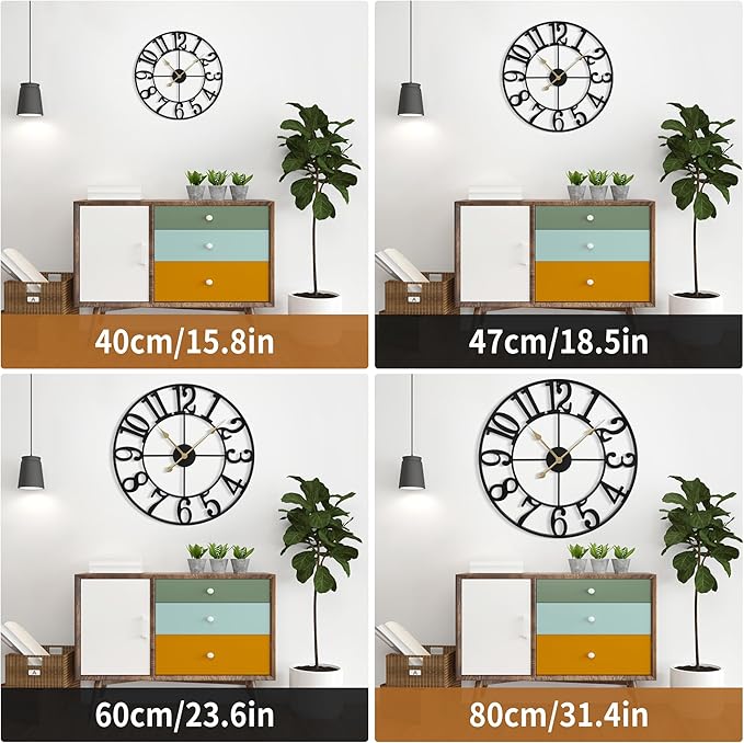 Large Wall Clock for Living Room Decor - 60cm/ 24 Inches Silent Non-Ticking Metal Wall Clocks Battery Operated, Vintage Decorative Modern Wall Clock for Bedroom, Office, Farmhouse Decor