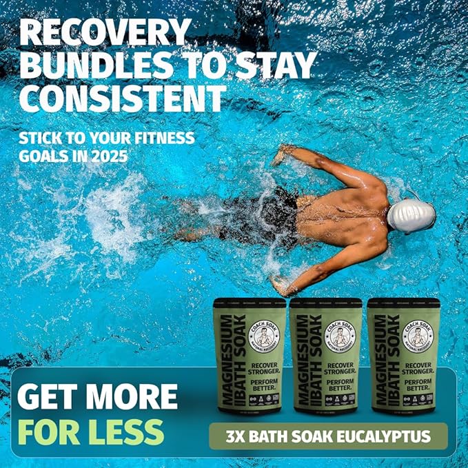 Coach Soak Recovery Bath Soak - Alternative to Epsom Salt Bath Soak - Fast-Absorbing Pure Magnesium Flakes with 21 Minerals, Bath Salts & Essential Oils - 9 lb (3 Pack) - Eucalyptus Tea Tree