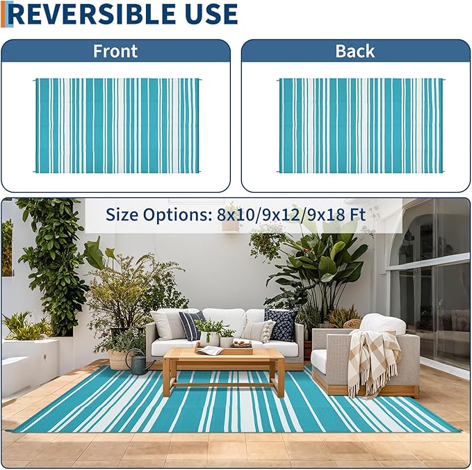 Waterproof Outdoor Rug 8x10 Contemporary Reversible Plastic Straw Rug, Easy Cleaning Striped Patio Carpet, UV-Resistant Indoor Outdoor Floor Cover for RV, Porch, Deck, Backyard, Light Blue