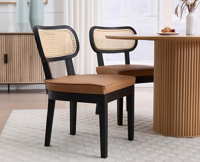 Mid Century Modern Rattan Dining Chairs Set of 2 - Black Wood & Leather