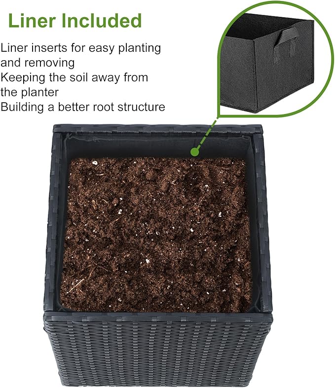 LEWIS&WAYNE Large Square Planter Box Handmade Wicker Tall Planters for Outdoor Plants with Removable Liners Modern Planter for Indoor Outdoor Garden Patio Front Porch - Black, 17''x17''x18''
