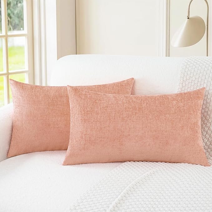 CaliTime Throw Pillow Covers Decorative 12 X 20 Inches Pack of 2 Cozy Chenille Cushion Cases for Couch Sofa Bed Living Room Home Dusty Pink