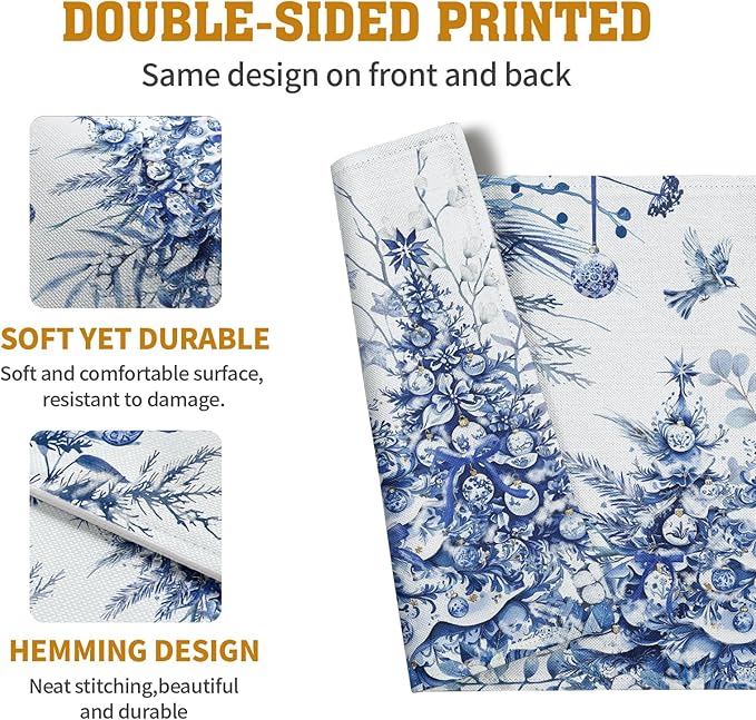 Blue and White Christmas Tree Placemats Set of 4, 12x18 Inch Chinoiserie Xmas Place Mats Winter Holiday Washable Linen Table Mats for Party Kitchen Dining Outdoor Indoor Decor