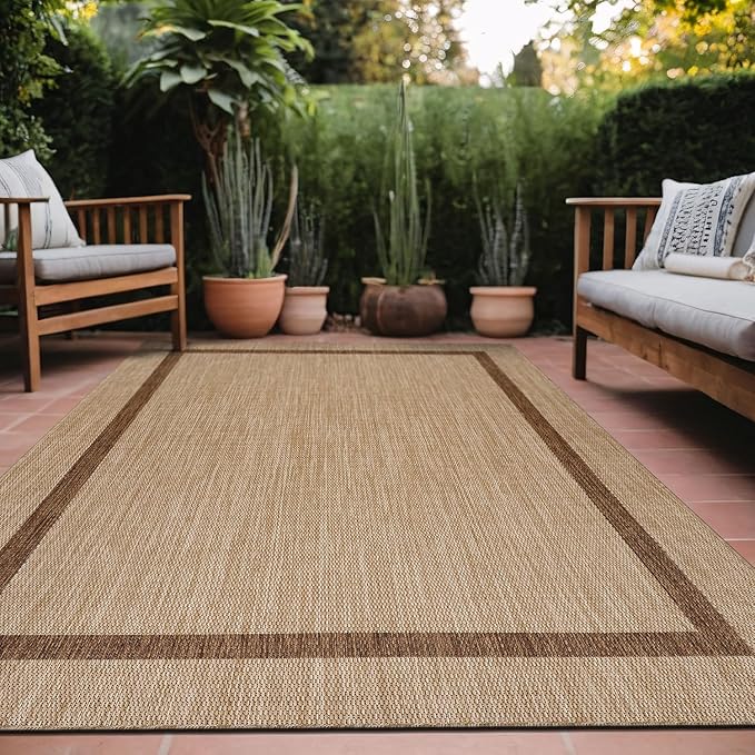 Bordered Outdoor Rug 10x14 Washable Outside Carpet for Indoor Patio Porch Waterproof Easy Cleaning Non Shedding Area Rugs Jute Beige - Nut Brown 10 x 14