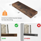 Floating Shelves for Wall, 24"W x 6.7"D x 1.5"H, Wooden Wall Mounted Display Shelf with Invisible Brackets for Living Room, Bedroom, Bathroom, Kitchen Decor and Storage, Set of 2, Rustic Brown