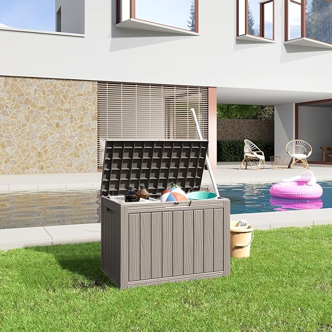45 Gallon Deck Box,Resin Outdoor Storage Box with Lockable for Patio Furniture, Pool Accessories, Garden Tools Waterproof Outside Storage Box, Black
