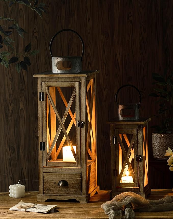 TIMRIS Large Farmhouse Wooden Candle Lantern Set of 2, Rustic Floor Candle Lanterns with Drawer, Vintage Hurricane Lantern Holder for Indoor Outdoor Decor (No Glass)