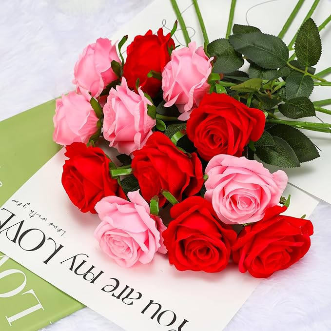 Red Fake Roses Artificial Flowers - 10 Pcs Fake Artificial Roses Silk Flowers with Stems for Home Wedding Hotel Office Centerpiece Decor