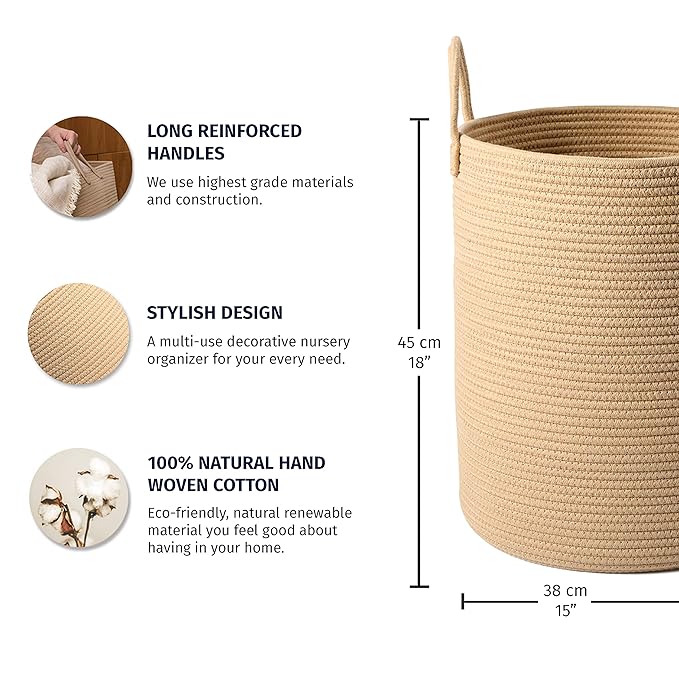 OrganiHaus Large Woven Baskets for Storage 15x18, Cotton Rope Baskets for Storage, Tall Blanket Basket for Living Room, Nursery Laundry Basket, Big Basket for Toys, Basket for Blankets, Honey