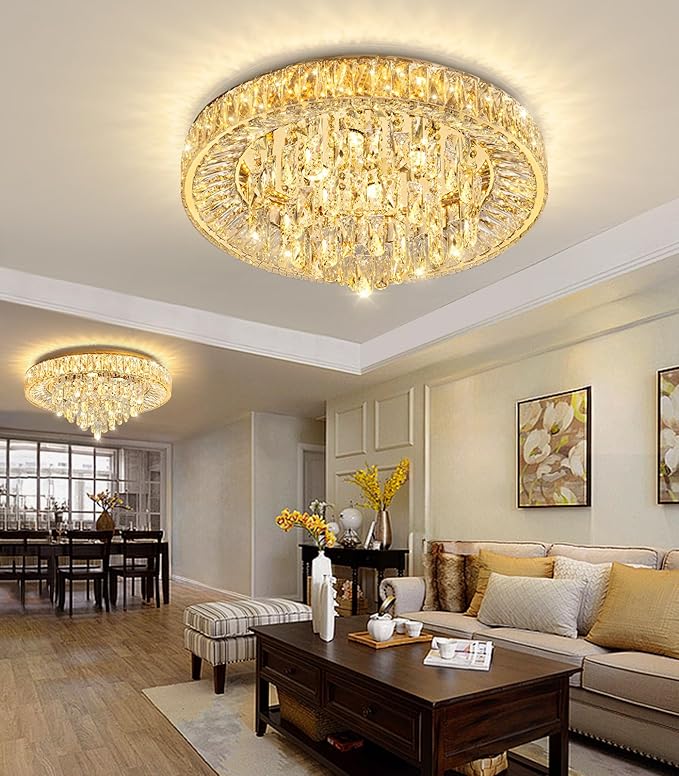 23.6'' Modern Crystal Chandeliers LED Dimmable Flush Mount Ceiling Chandeliers for Living Room Entrance Foyer Bedroom Gold