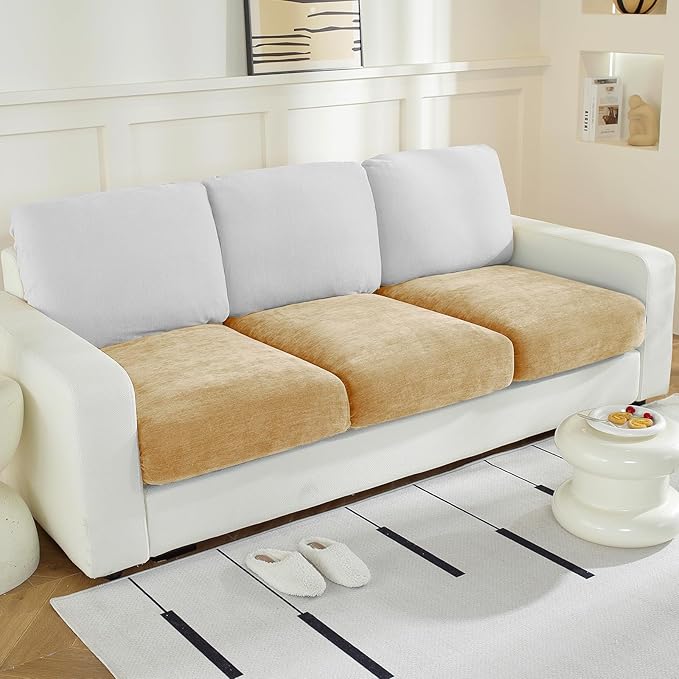 Couch Cushion Covers Individual Large Super Stretch Chenille (Softer Version) Sofa Cushion Covers, Couch Seat Covers Couch Slipcovers Furniture Protector (3PC, Khaki)