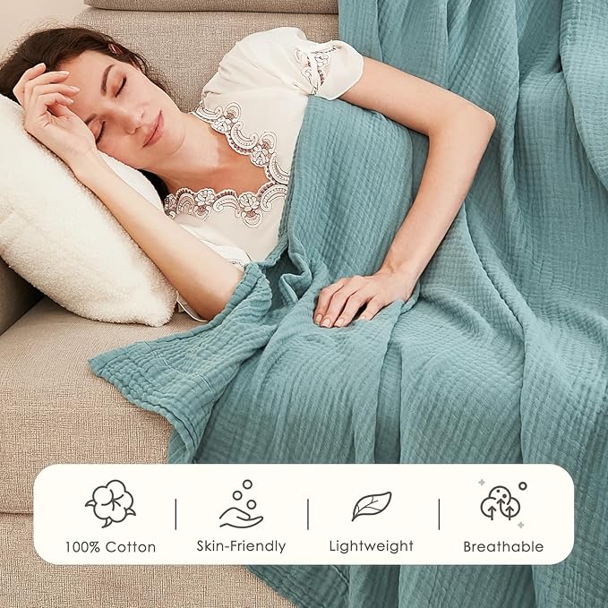 EMME Cotton Blanket Twin XL for Bed Soft Muslin Blankets 66"x90" Lightweight Breathable Layering Bedspread Coverlet All Season Gauze, Teal