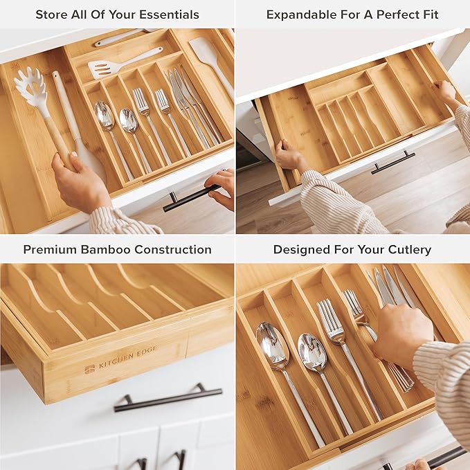 Premium Silverware, Flatware and Utensil Organizer for Kitchen Drawers, Food-Safe Contract Grade, Expandable from 16 to 28 In, Natural Bamboo
