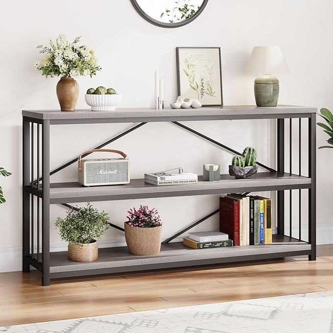 LVB Farmhouse Industrial Console Table, Wood Metal Foyer Entryway Sofa Tables with Storage, 3 Tier Long Rustic Entry Table TV Stand with Shelves for Home Living Room Hallway, Light Grey Oak, 55 Inch