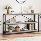 LVB Farmhouse Industrial Console Table, Wood Metal Foyer Entryway Sofa Tables with Storage, 3 Tier Long Rustic Entry Table TV Stand with Shelves for Home Living Room Hallway, Light Grey Oak, 55 Inch