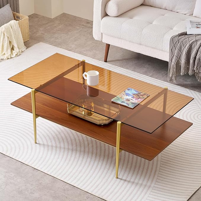 Extra Large Rectangle Glass Coffee Table, Mid-Century Modern Design for Living Room, L47 x W24 x H17, Amber Glass Top and Walnut MDF Shelf, Sleek Conical Metal Legs with Gold Finish