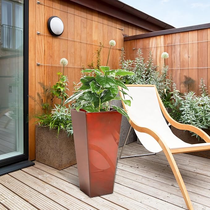 KOL 25''H. Galvanized Steel Planter with Saucer, Tall Glazed Planter Pots for Indoor & Outdoor Use, Set of 2, Decorative Flower Plant Pots with Drainage Hole for Porch, Patio, Deck - Reddish Brown