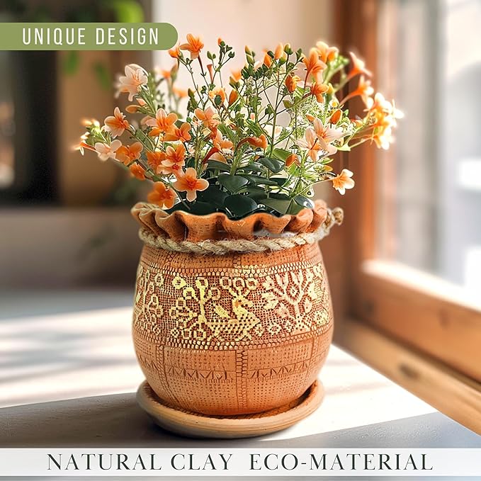 Ceramic Pot with Drainage Hole and Saucer, Plant Pots, Modern Decorative Planters for House Plants Indoor Flowers Plants, Cute Flower Pot - Gifts (Birds (1.7 L))