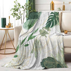 Sage Green Leaf Throw Blanket Mid-Century Green and Gold Boho Flannel Blankets for Couch Bed Living Room Sofa, Decorative Patterned Super Soft Cozy, 50x60 in