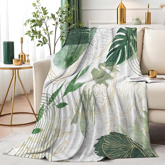 Sage Green Leaf Throw Blanket Mid-Century Green and Gold Boho Flannel Blankets for Couch Bed Living Room Sofa, Decorative Patterned Super Soft Cozy, 50x60 in
