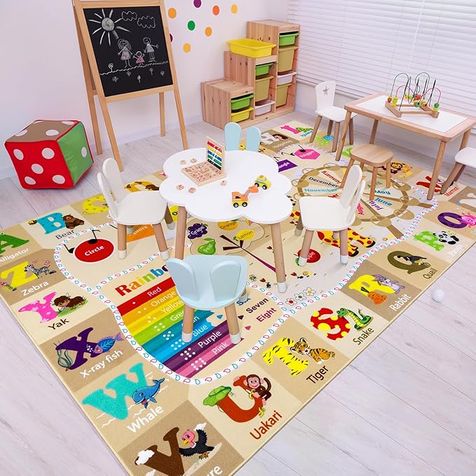 Kids Rugs for Playroom Washable, Educational and Fun Learning Rugs with ABC Alphabet Animals Shapes, Baby Toddler Children's Play Mat for Bedroom Classroom Nursery, 5x7 Feet, Beige and Pink
