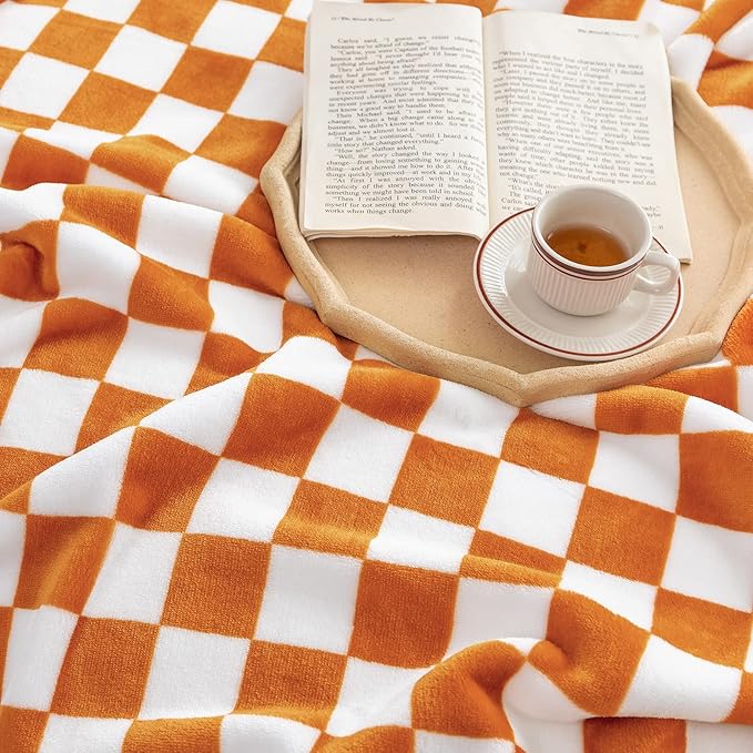 LOMAO Throw Blankets Flannel Blanket with Checkerboard Grid Pattern Soft Throw Blanket for Couch, Bed, Sofa Luxurious Warm and Cozy for All Seasons (Orange, 90"x110")