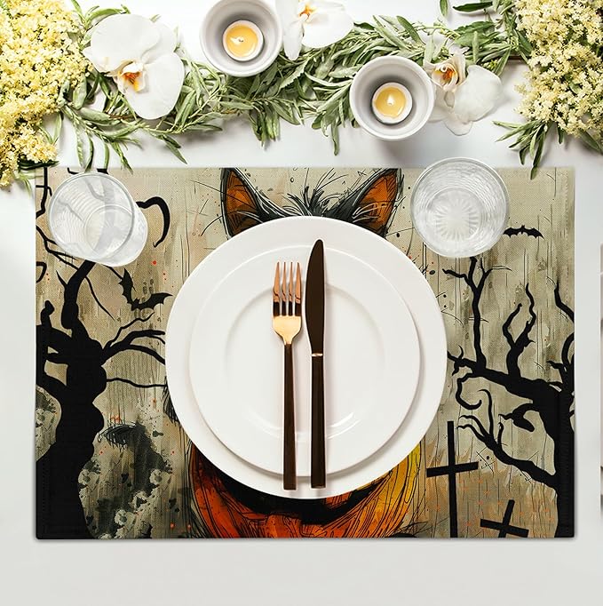 Halloween Black Cat Pumpkin 12x18 Placemats Set of 4 Happy Halloween Bat Branch Linen Table Place Mat Seasonal Fall Washable Heat Resistant Non Slip Table Placemats for Party Kitchen Dining Decor