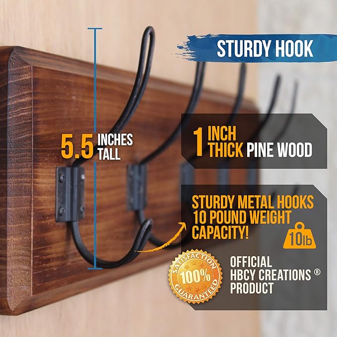 HBCY Creations Dark Wash Brown Rustic Coat Rack Wall Mount with 5 Hooks, Solid Pine Wood 24 inch Wall Hooks for Entryway, Mudroom, Hallway, Bathroom - Vintage Farmhouse Style Wall Mounted Towel Rack