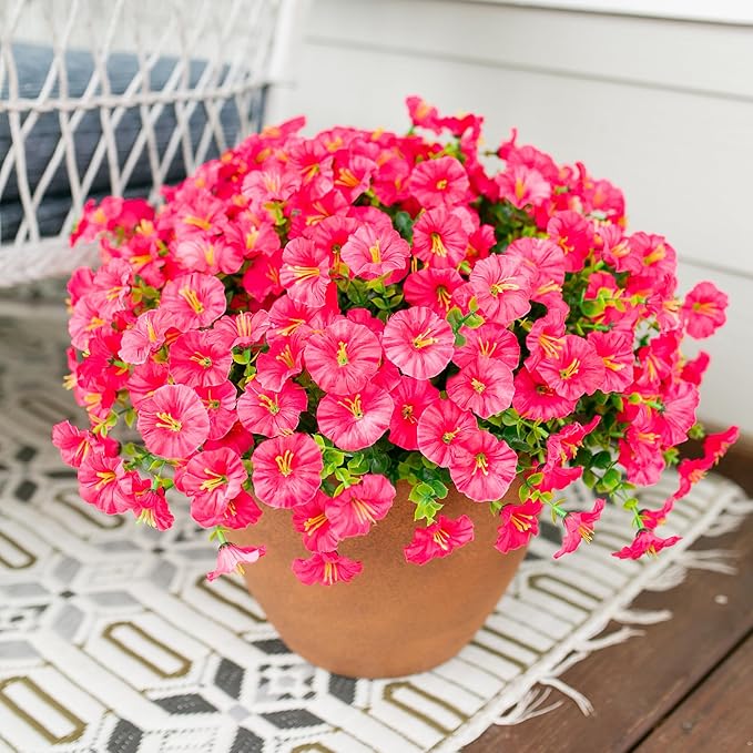 Artificial Flowers for Outdoors Fake Plants Outside Decoration, 12 Bundles Silk Hot Pink Morning Glory UV Resistant Look Real Faux Flowers for Planter Front Door Porch Patio Yard Gardens Home