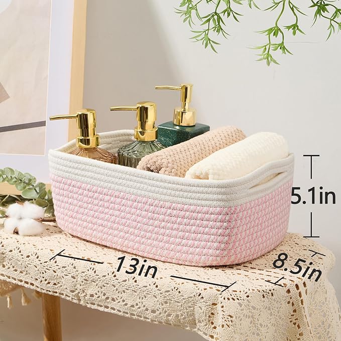Small Storage Baskets for Organizing | Closet Organizer Bins | Shelf Toy Basket | Woven Rope Baskets | Cube Decorative Box | Shallow Basket | 13x8.5x5.1” | 3 Packs White Pink