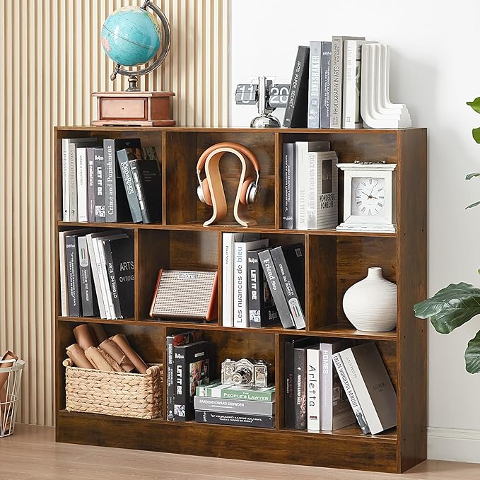 LEYAOYAO 10 Cube Bookshelf with Base,3 Tier Mid-Century Modern Grey Bookcase,Standing Wide Bookshelves Storage Organizer Shelf,Rustic Wood Display Cabinet Book Shelves for Bedroom,Living Room,Office