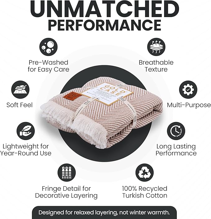 Gold Case Throw Blanket for Couch – 100% Recycled Turkish Cotton Blankets & Throws – Elegant Decorative Throw Blankets for Living Room Sofa – Woven Throws for Couch – Elegant Beige – 60x80