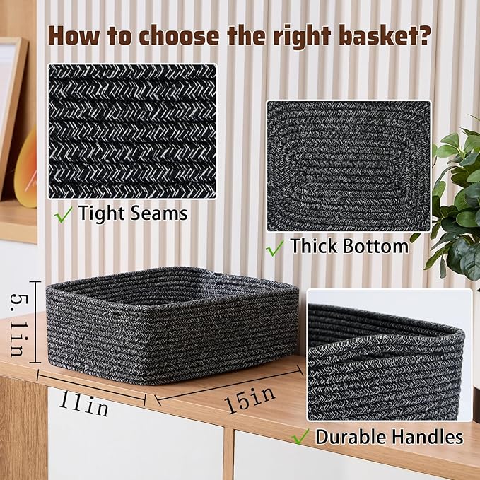 Large Shallow Organizing Baskets 15x11x5.1 Inches - Rope Woven Storage Bins for Bathroom, Shelves, Cube Closet, Mixed Black 2 Packs