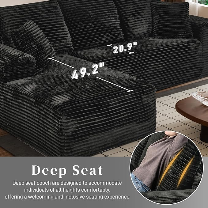 Modular Sectional Sofa Cloud Sectional Couch, 107" Comfy Fluffy L Shaped Light Black Couches for Living Room, Deep Seat Memory Foam Corduroy Boneless Couch Sectionals with Right Facing Chaise Sofa