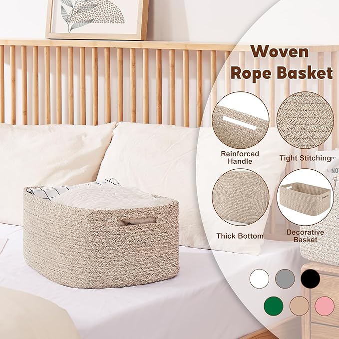 OIAHOMY Storage Basket for Shelves, Closet Cube Storage Bins Baskets for Clothes Blanket Towels, Baby Nursery, Toy Baskets Box, Woven Rope Basket, 17.72*12.99*7.87 IN, 2 Packs Brown
