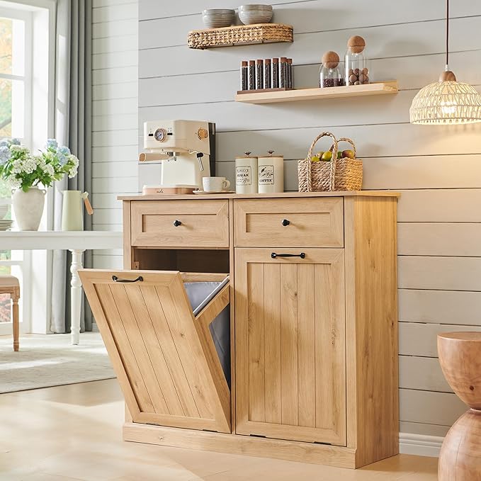 Double Tilt Out Laundry Hamper Cabinet, 20 Gallon Farmhouse Trash Can Cabinet with Drawer, Hidden Wood Garbage Can Bin Cabinets with Laundry Storage Basket for Bathroom, Kitchen (Natural)