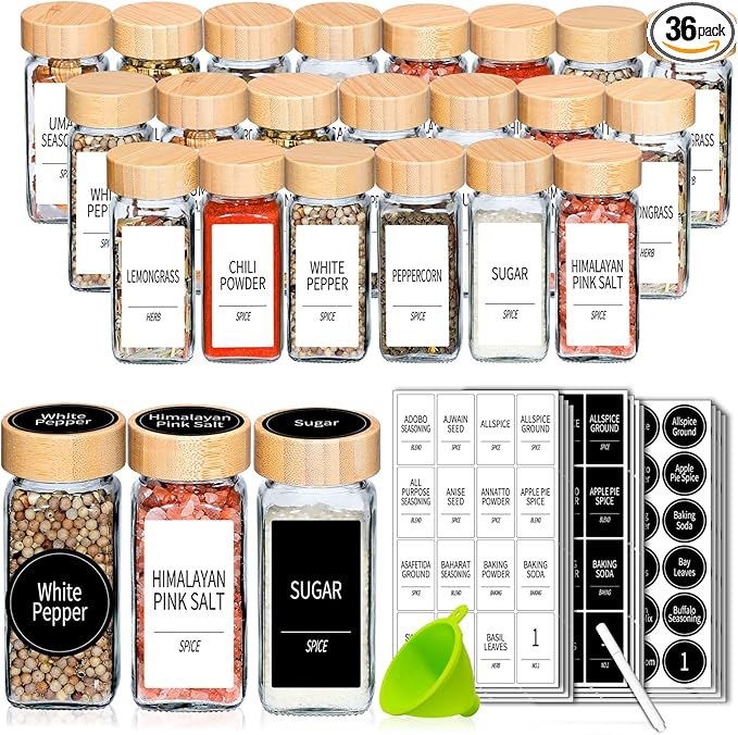 Churboro 36 Spice Jars with Labels- Spice Jars with Bamboo Lids - 4 Oz Glass Spice Containers with Shaker Lids, 547 Spice Labels of 3 Different Types Seasoning Jars for Spice Rack, Cabinet, or Drawer