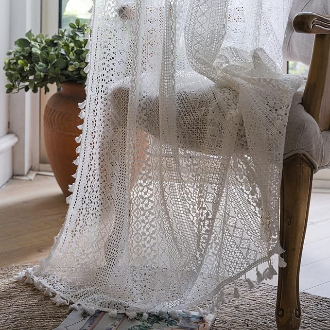 Sutuo Home Cream White Crochet Boho Curtain 84 Inches Length, Sheer Lace Handmade Tassels Knitted Window Treatment Vintage Rustic Bohemian Farmhouse Drape for Bedroom Rod Pocket 1 Panel 59" W x 84" L
