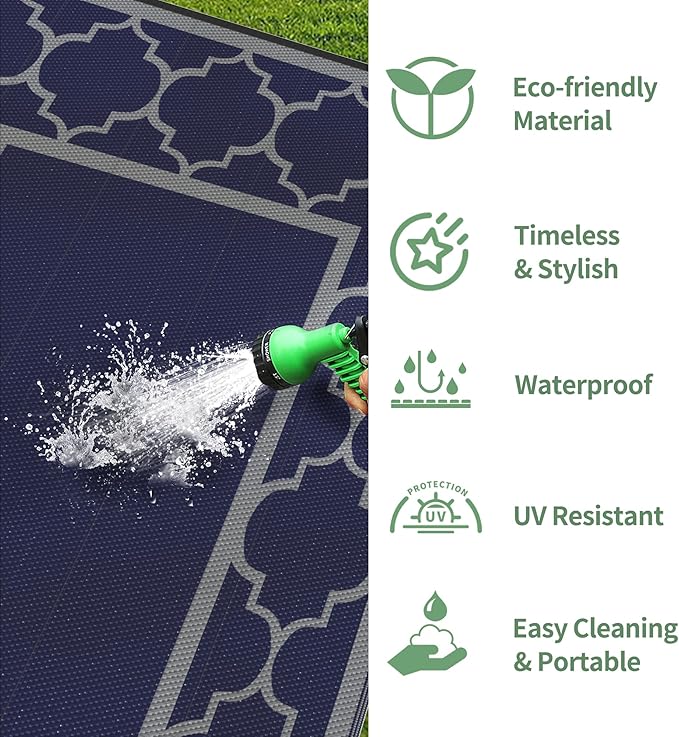 GENIMO Outdoor Rug 9' x 12' Patio Waterproof, Foldable Reversible Plastic Straw Area Rugs Mat for Camper Decor, Outside Carpet for Rv, Deck, Porch, Picnic, Beach, Balcony, Blue & Grey