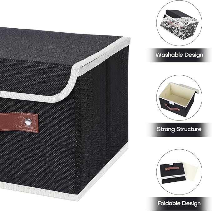 ANMINY 4PCS Storage Bins with Lid PU Leather Handles Storage Boxes PP Plastic Board Decorative Foldable Lidded Cotton Linen Fabric Home Cubes Baskets Closet Organizer Containers - Black, Small Size