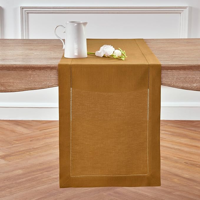 Solino Home Linen Hemstitch Table Runner 60 Inches - 100% Pure Linen Brown Sugar Hemstitch Table Runner 14 x 60 Inch Ideal for Dresser and Coffee Tables - Fall, Thanksgiving - Classic Hemstitch