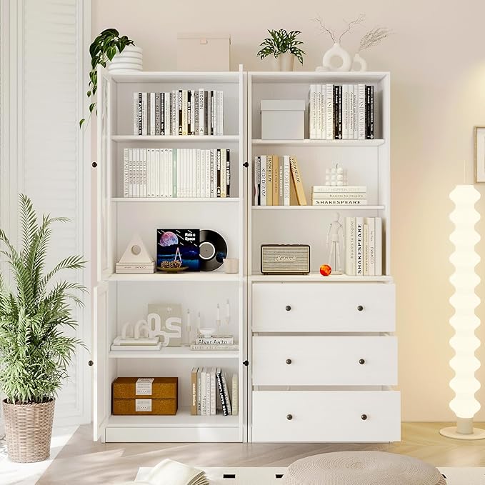 TUSY 71" Bookshelf Bookcase, 3-Tier Modern Bookshelves 3 Large Drawer, Wood Filing Cabinet with Open Storage Shelf, Glass Doors 5-Tier Fixed Storage Shelves for Home Office