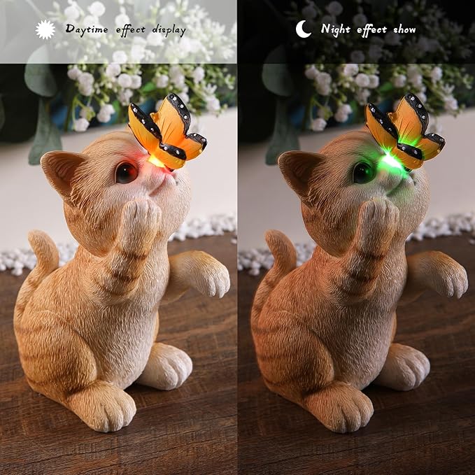 Solar Garden Statue Cute Cat Figurine Fun Color Changing LED Butterfly Light Outdoor Decor Waterproof Resin Sculpture Patio Lawn Art Housewarming Gifts for Cat Lovers Women