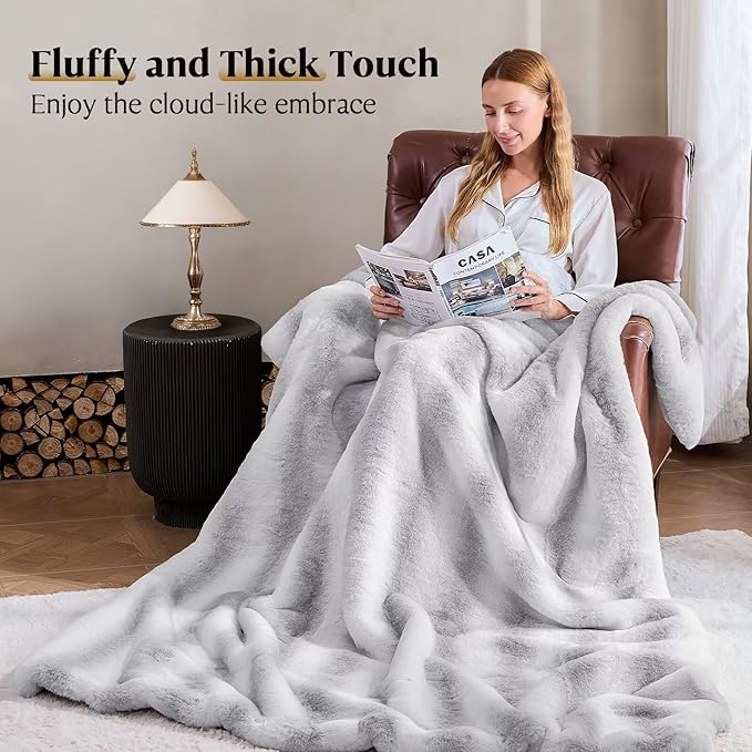 Luxury Faux Fur Blanket - Soft Warm Plush Blankets for Couch Sofa Bed, Fluffy Thick Throws for Bedroom, Office, Living Room, Decorative Reversible, Not Easy to shed- 60"x80", Grey/White