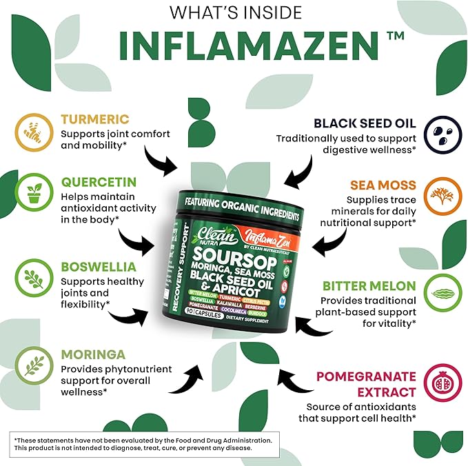 Clean Nutra Soursop Supplement Moringa Sea Moss Black Seed Oil Berberine Turmeric Resveratrol Quercetin Greens Bitters Boswellia Bitter Melon Burdock Root Antioxidant Support 90 Capsules